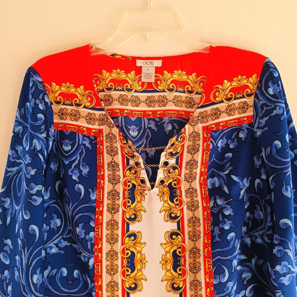 CACHE Blue & Red Blouse with Chains, size S - Picture 3 of 16